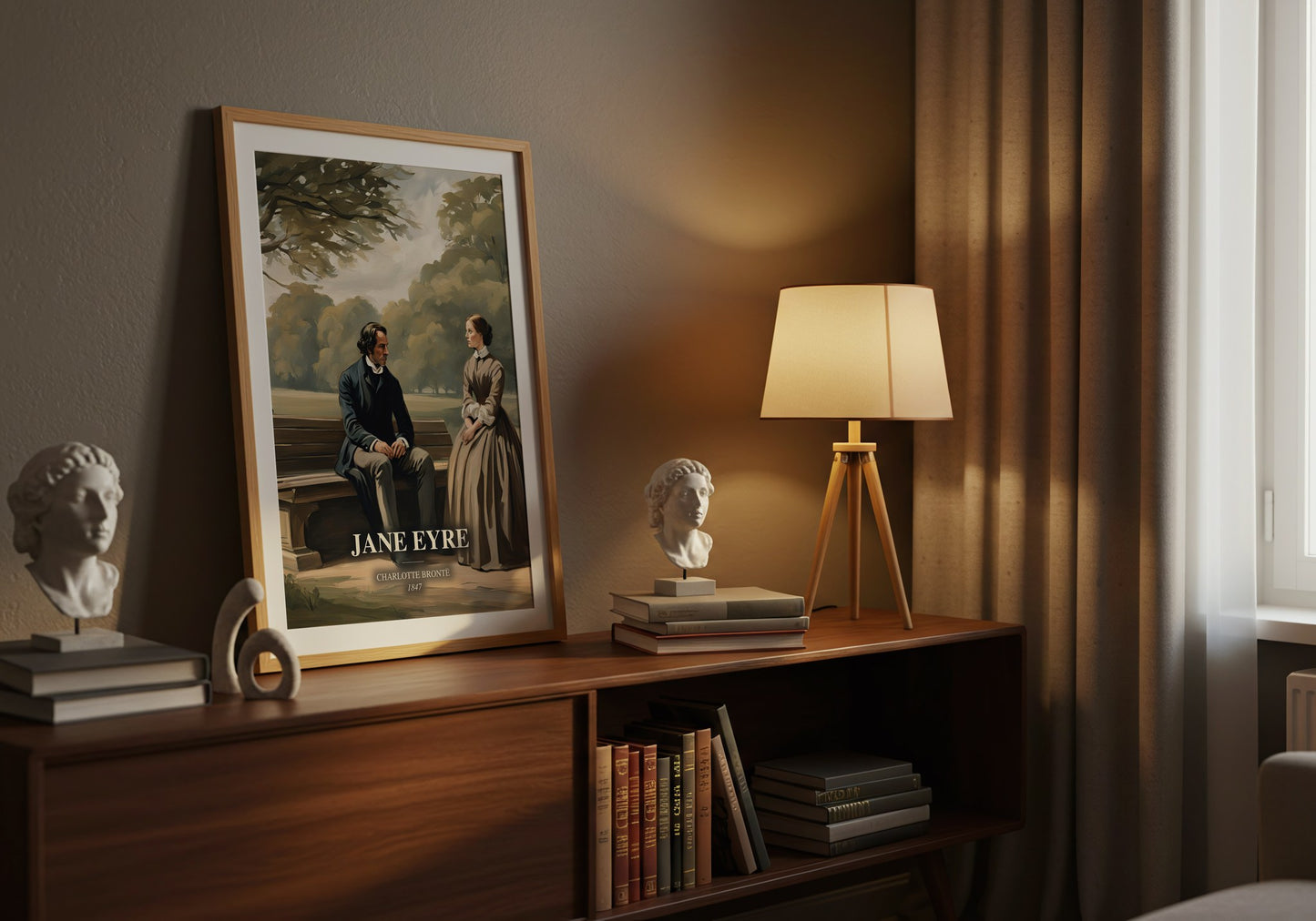 Jane Eyre watercolour print on bookshelf – Charlotte Brontë fan gift