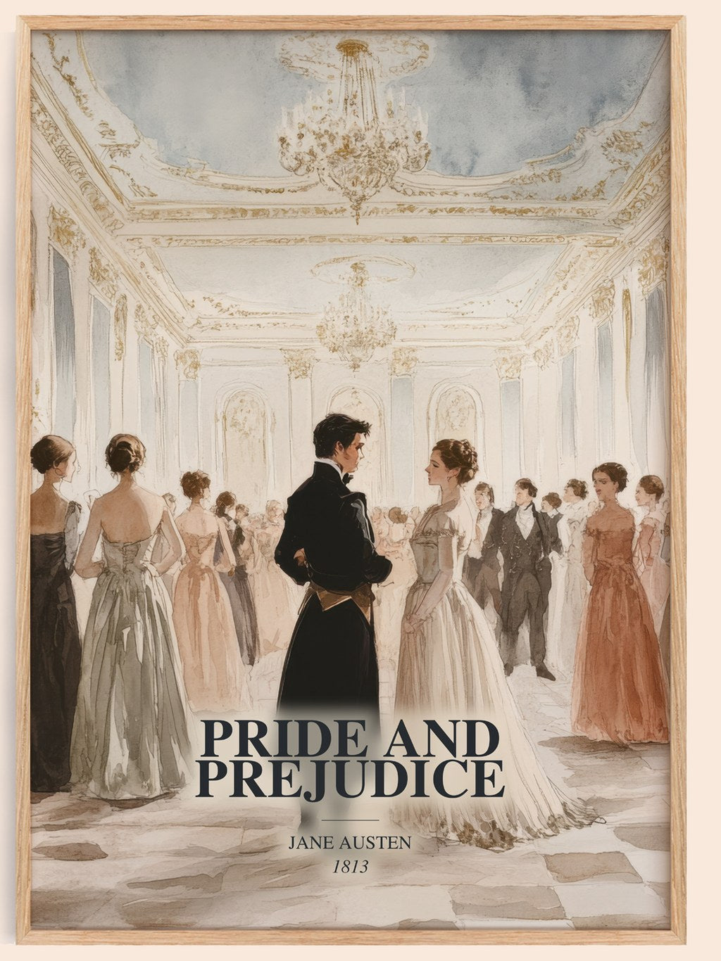 Pride And Prejudice watercolour book poster by Jane Austen – framed literary art print