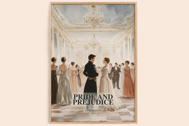 Pride And Prejudice watercolour book poster by Jane Austen – framed literary art print
