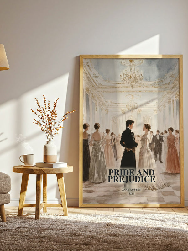 Pride And Prejudice watercolour print in frame leaning in hallway – classic literature wall art
