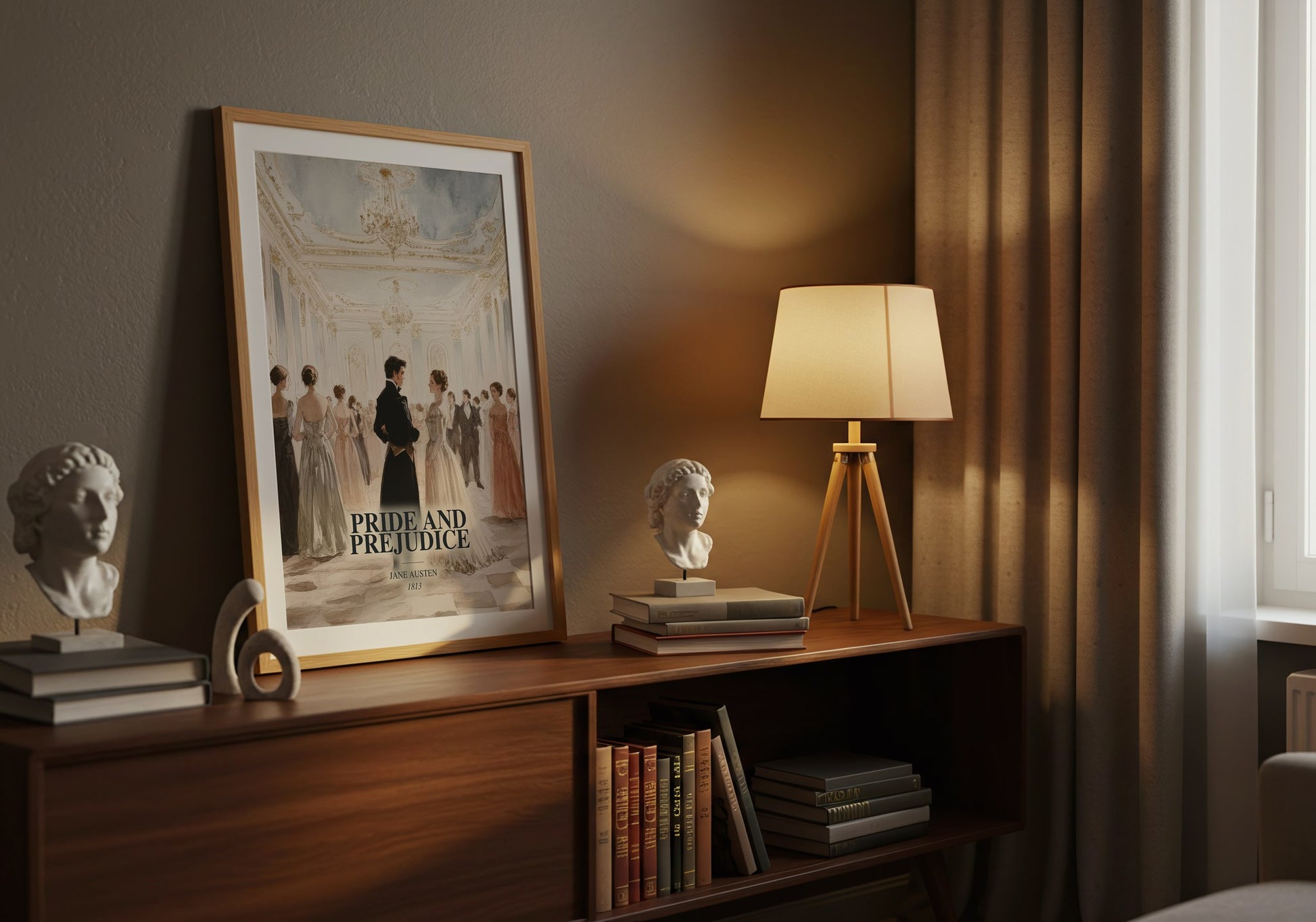 Pride And Prejudice watercolour print on bookshelf – Jane Austen fan gift