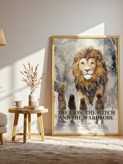 The Lion, The Witch And The Wardrobe watercolour print in frame leaning in hallway – childrens wall art
