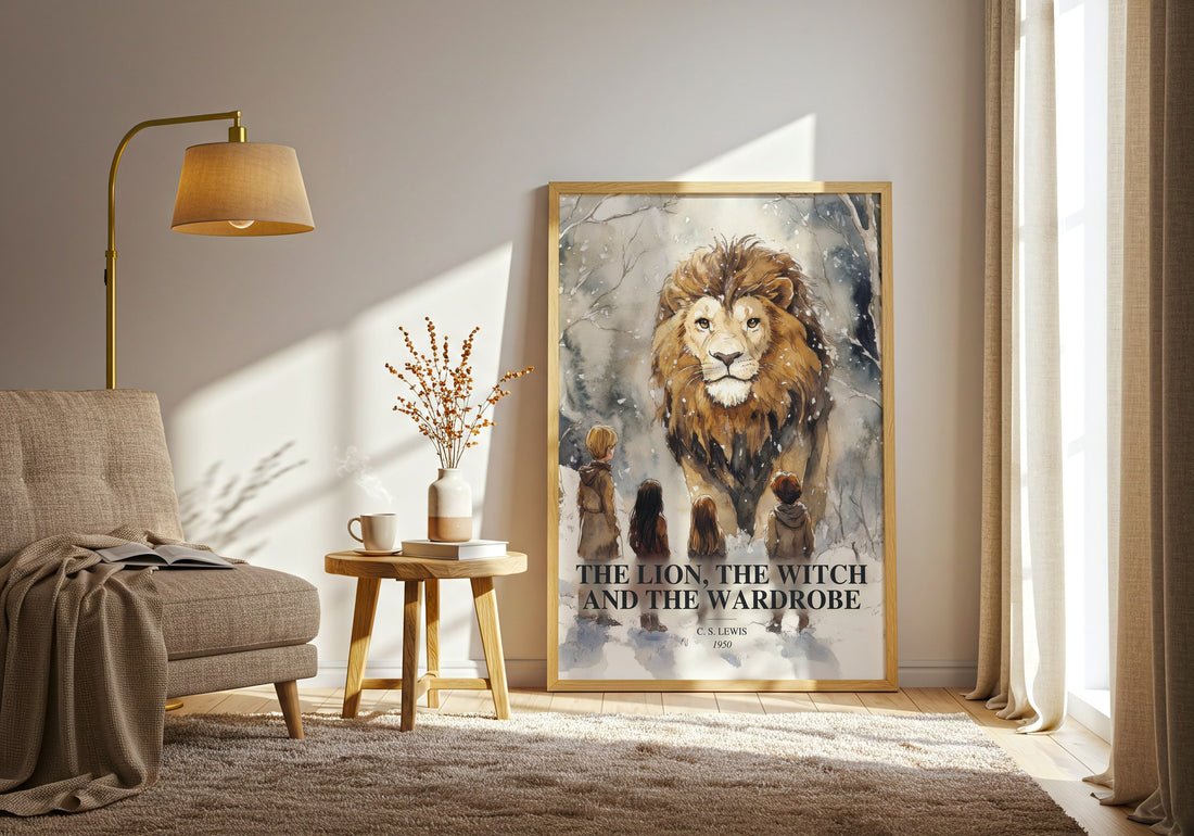 The Lion, The Witch And The Wardrobe watercolour print in frame leaning in hallway – childrens wall art (mockup)