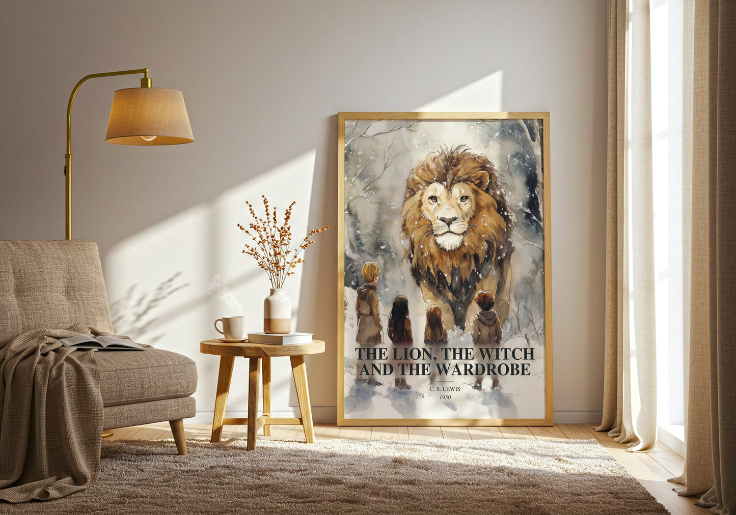 The Lion, The Witch And The Wardrobe watercolour print in frame leaning in hallway – childrens wall art