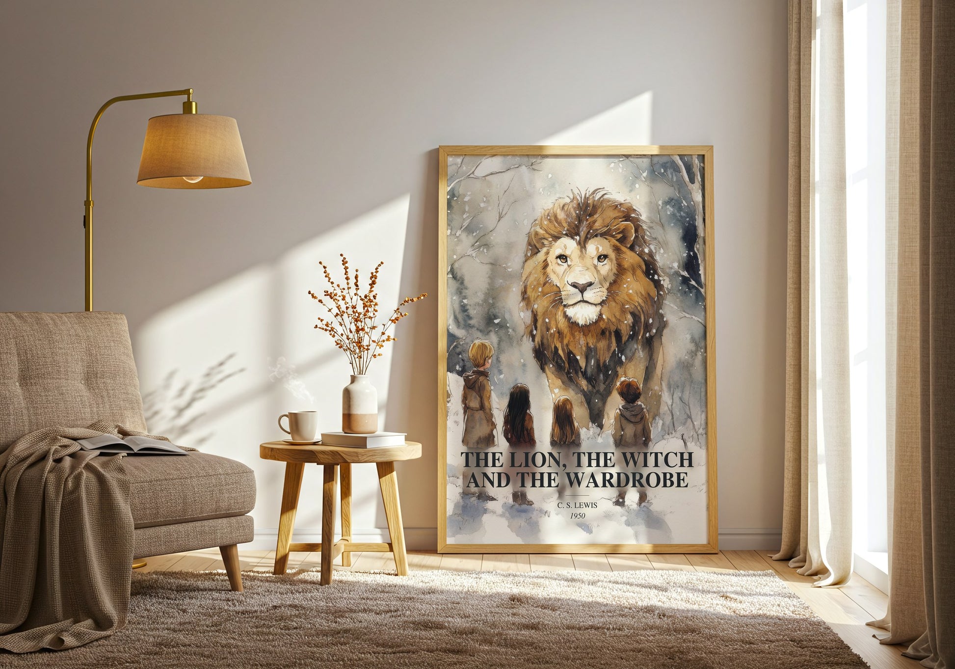 The Lion, The Witch And The Wardrobe watercolour print in frame leaning in hallway – childrens wall art