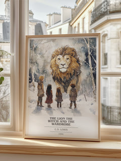 The Lion, the Witch and the Wardrobe Book Cover Poster by C. S. Lewis – framed print by a bright window