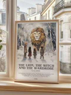 The Lion, the Witch and the Wardrobe Bookish Wall Art by C. S. Lewis – framed print by a bright window