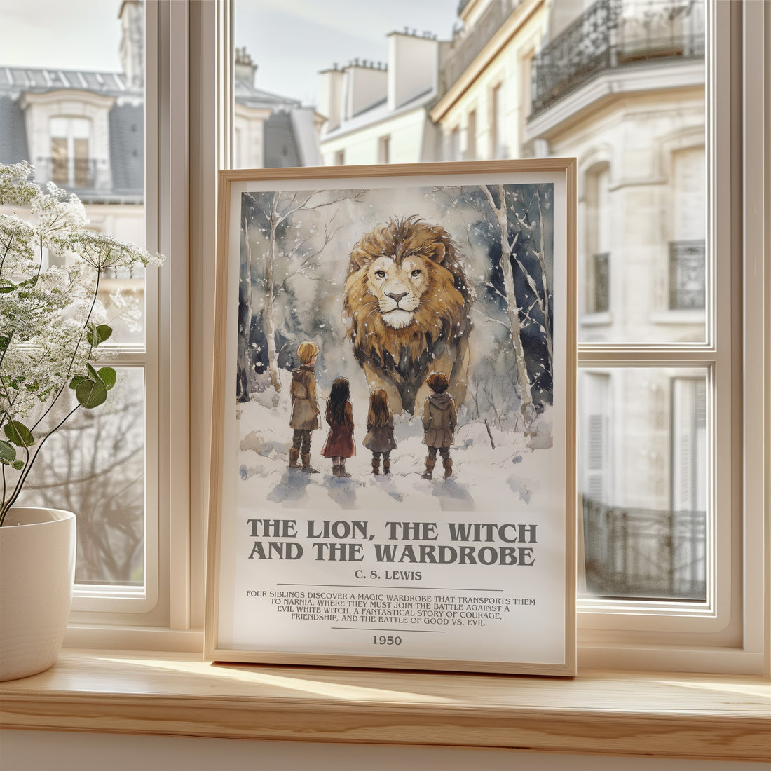 The Lion, the Witch and the Wardrobe Bookish Wall Art by C. S. Lewis – framed print by a bright window