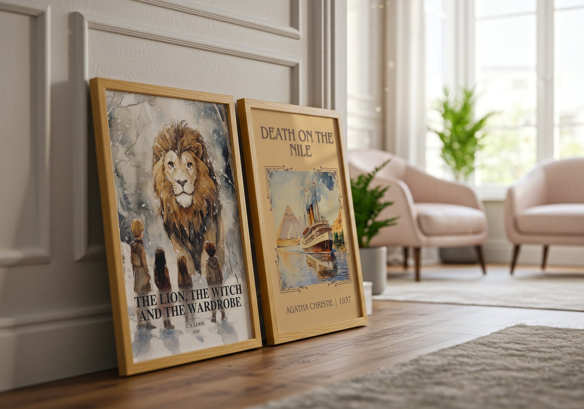 The Lion, The Witch And The Wardrobe watercolour print framed by window – literary home decor