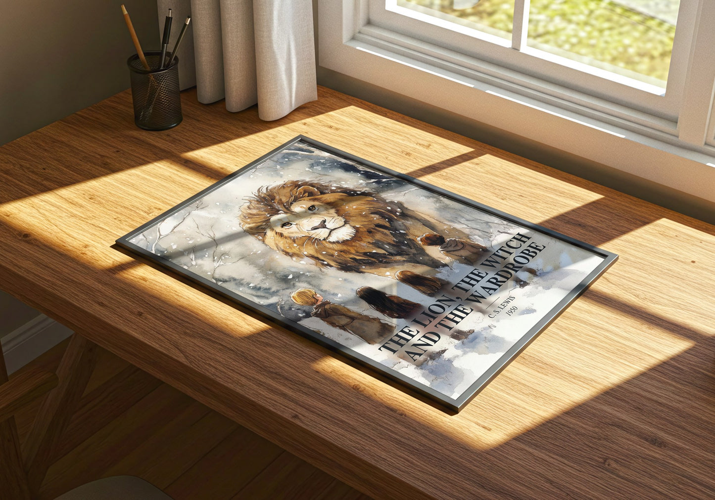 The Lion, The Witch And The Wardrobe watercolour book poster framed on wall – childrens wall art