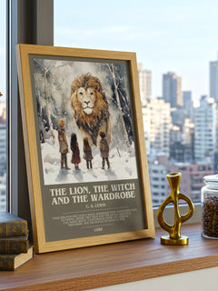 The Lion, the Witch and the Wardrobe Bookish Wall Art by C. S. Lewis – framed print on a city-view windowsill