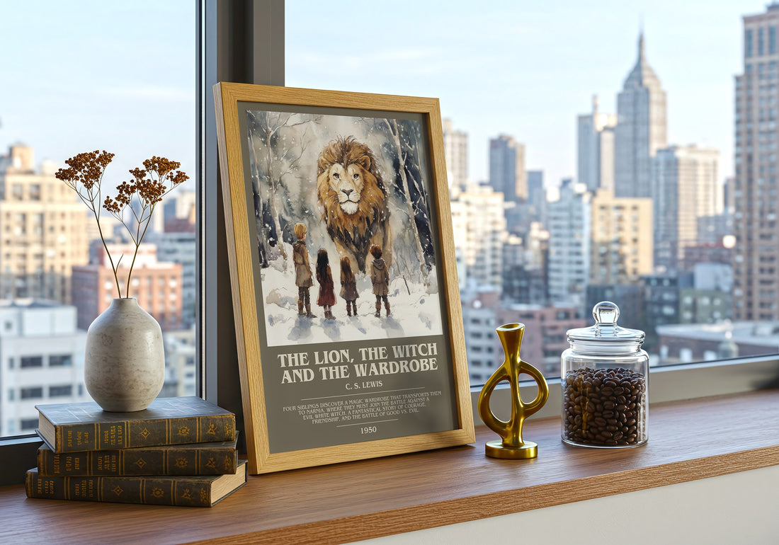 The Lion, the Witch and the Wardrobe Bookish Wall Art by C. S. Lewis – framed print on a city-view windowsill
