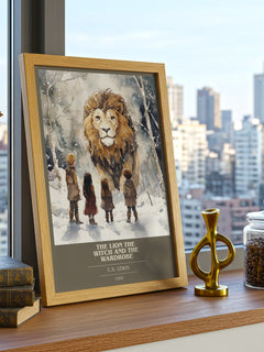 The Lion, the Witch and the Wardrobe Book Cover Poster by C. S. Lewis – framed print on a city-view windowsill
