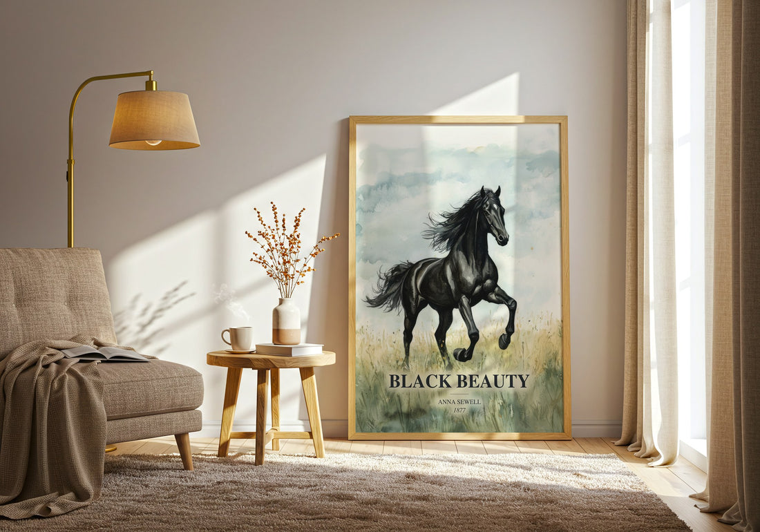 Black Beauty watercolour print in frame leaning in hallway – childrens wall art (mockup)