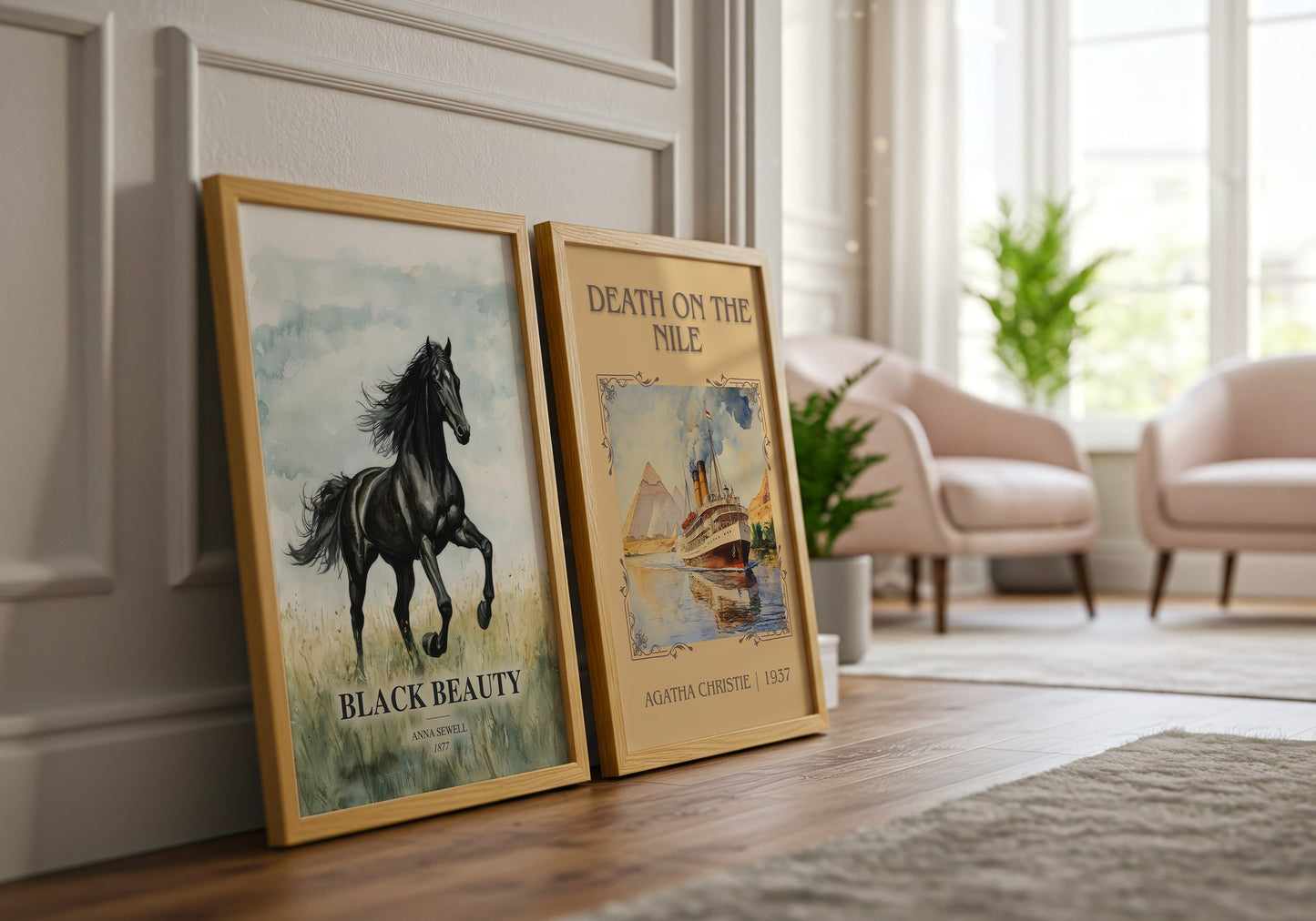 Black Beauty watercolour print framed by window – literary home decor