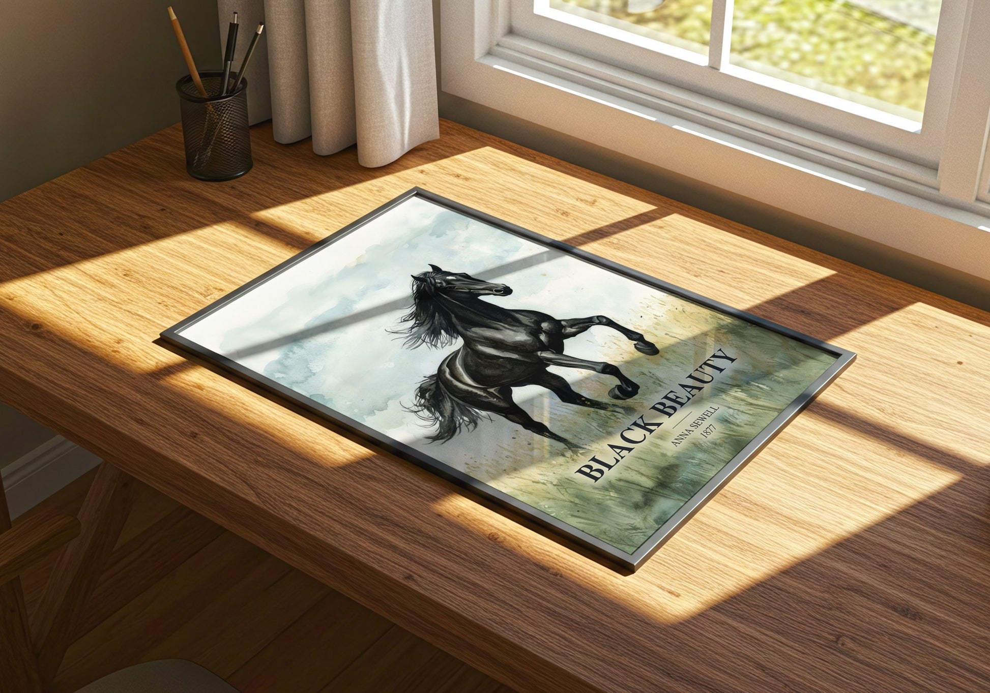 Black Beauty watercolour book poster framed on wall – childrens wall art