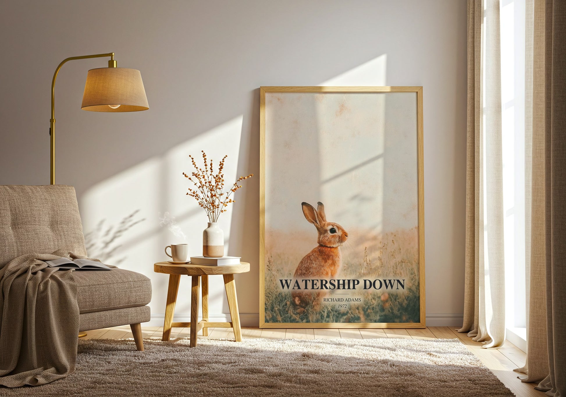 Watership Down watercolour print in frame leaning in hallway – fantasy wall art