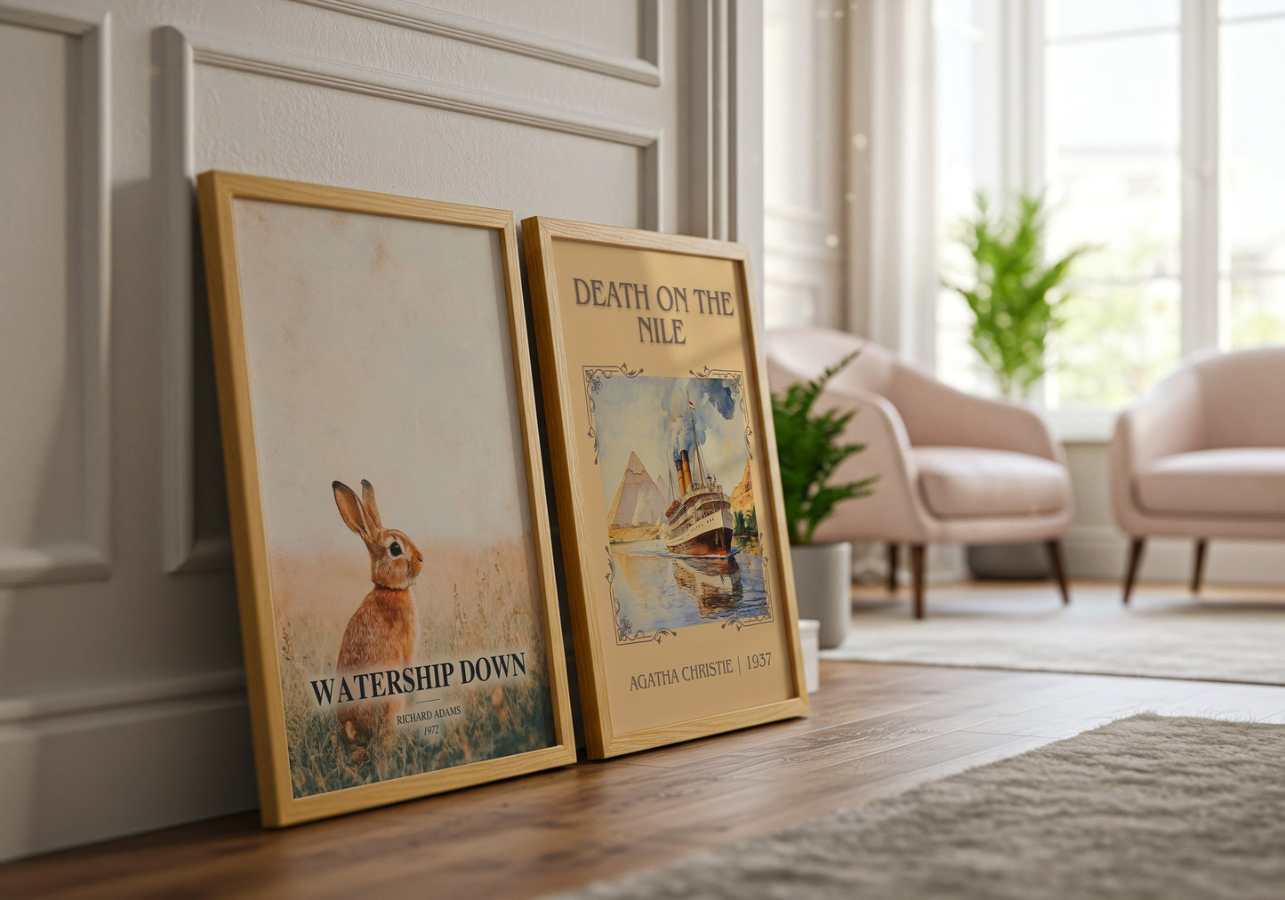 Watership Down watercolour print framed by window – literary home decor
