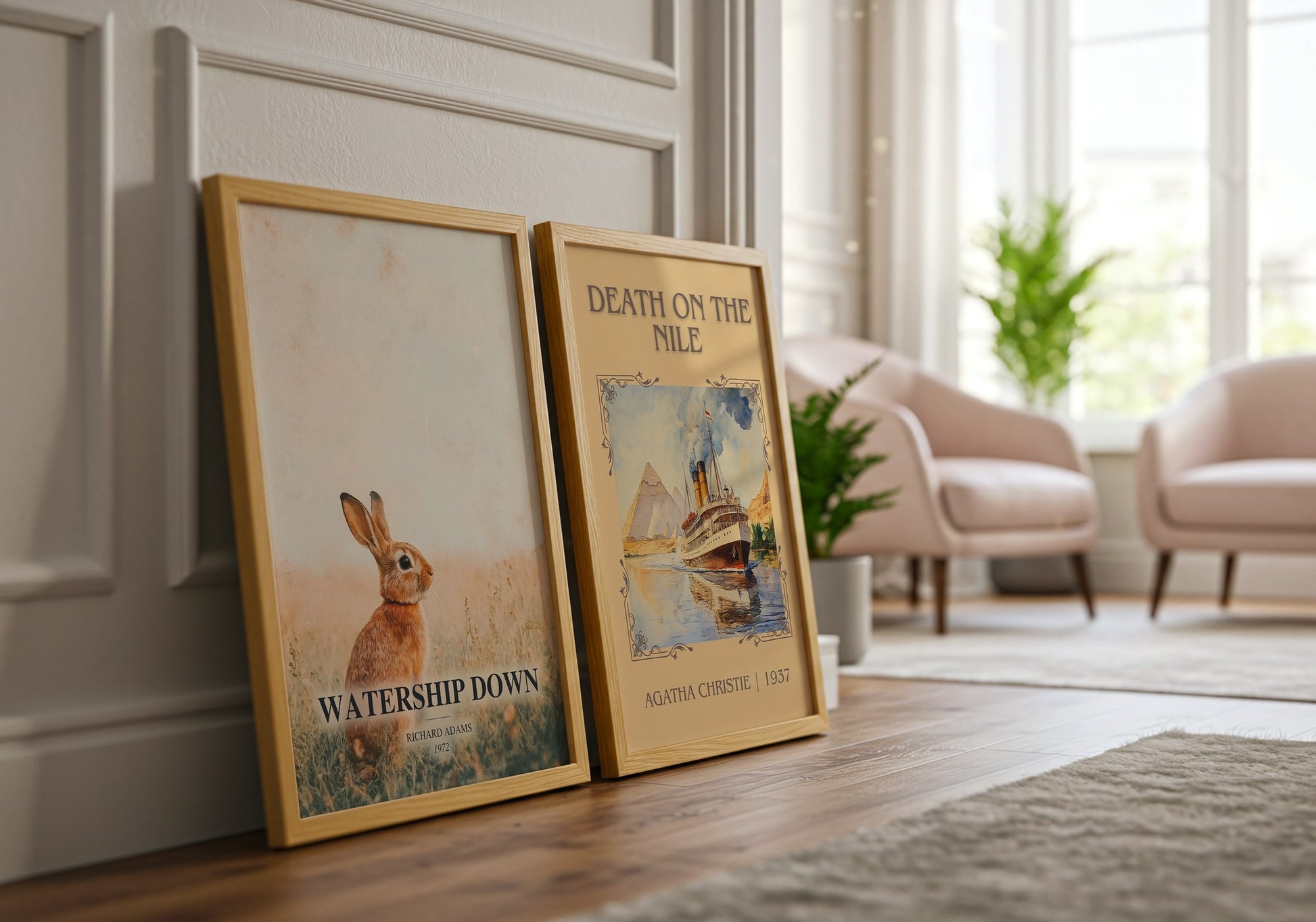 Watership Down watercolour print framed by window – literary home decor