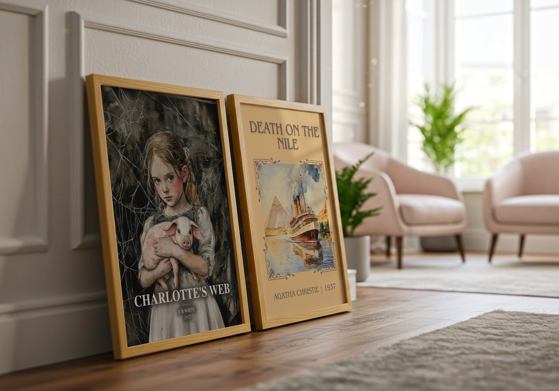 Charlotte'S Web watercolour print framed by window – literary home decor