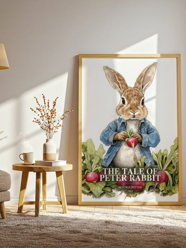 The Tale Of Peter Rabbit watercolour print in frame leaning in hallway – childrens wall art