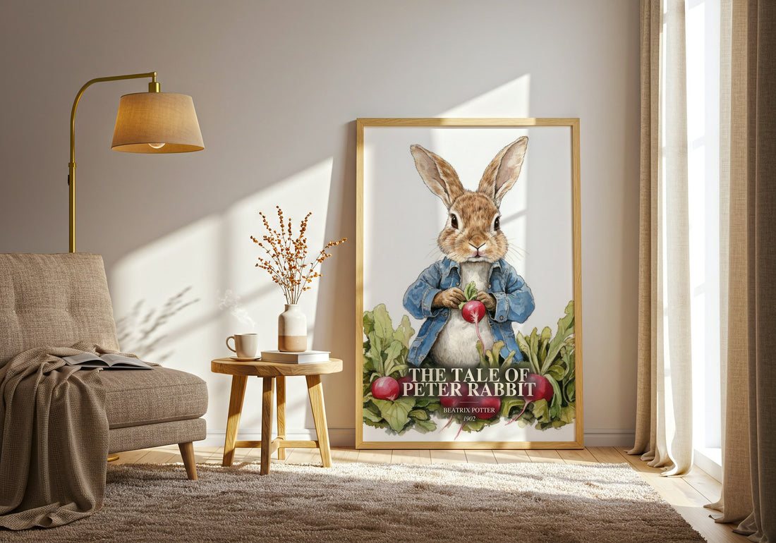 The Tale Of Peter Rabbit watercolour print in frame leaning in hallway – childrens wall art (mockup)