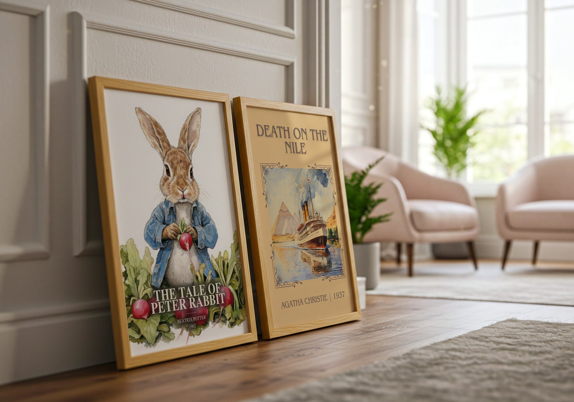 The Tale Of Peter Rabbit watercolour print framed by window – literary home decor