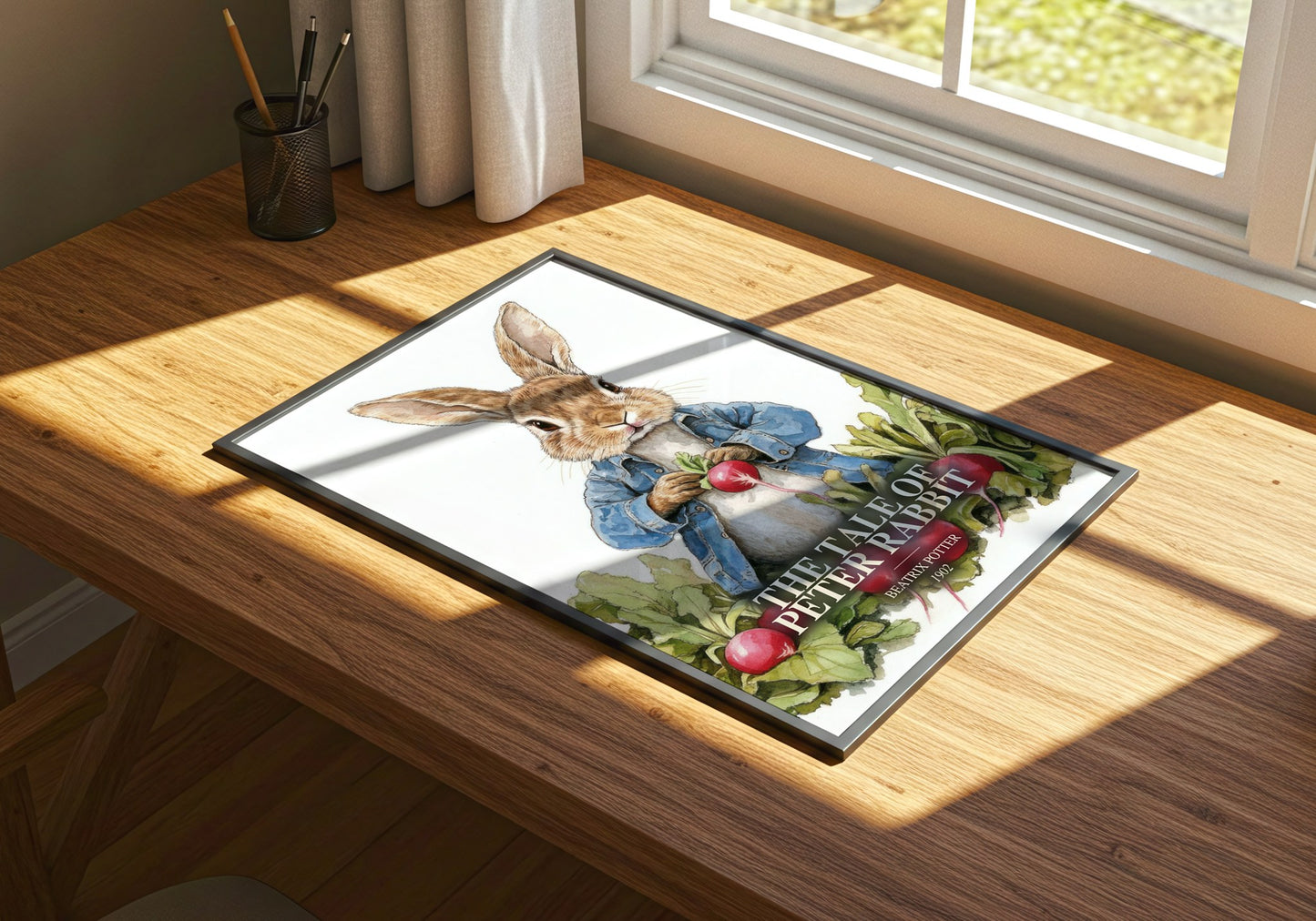 The Tale Of Peter Rabbit watercolour book poster framed on wall – childrens wall art