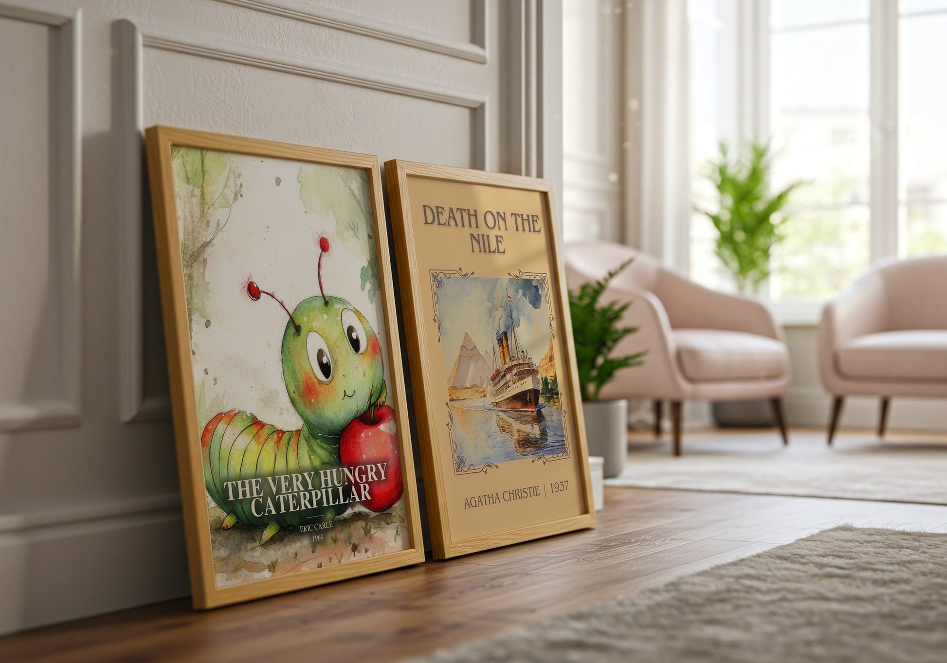The Very Hungry Caterpillar watercolour print framed by window – literary home decor