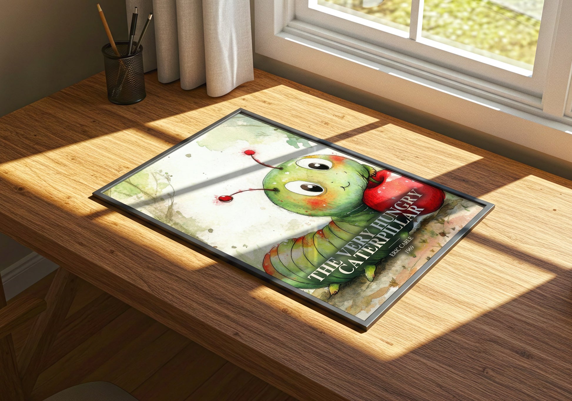 The Very Hungry Caterpillar watercolour book poster framed on wall – childrens wall art