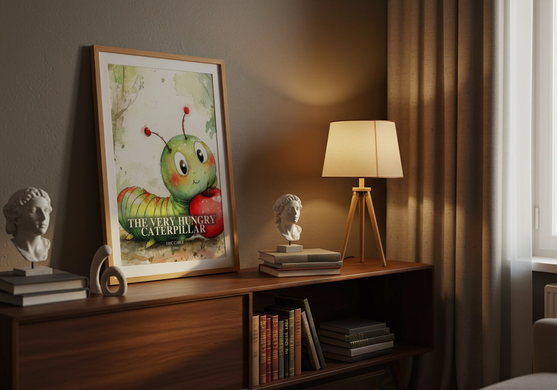 The Very Hungry Caterpillar watercolour print on bookshelf – Eric Carle fan gift