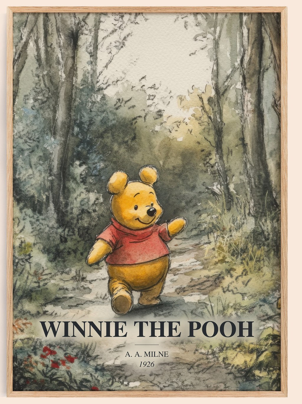 Winnie The Pooh watercolour book poster by A. A. Milne – framed literary art print