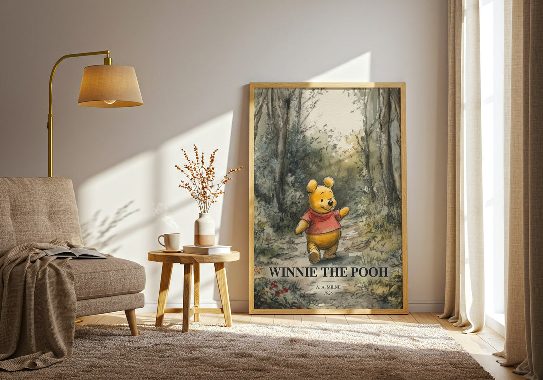 Winnie The Pooh watercolour print in frame leaning in hallway – childrens wall art (mockup)