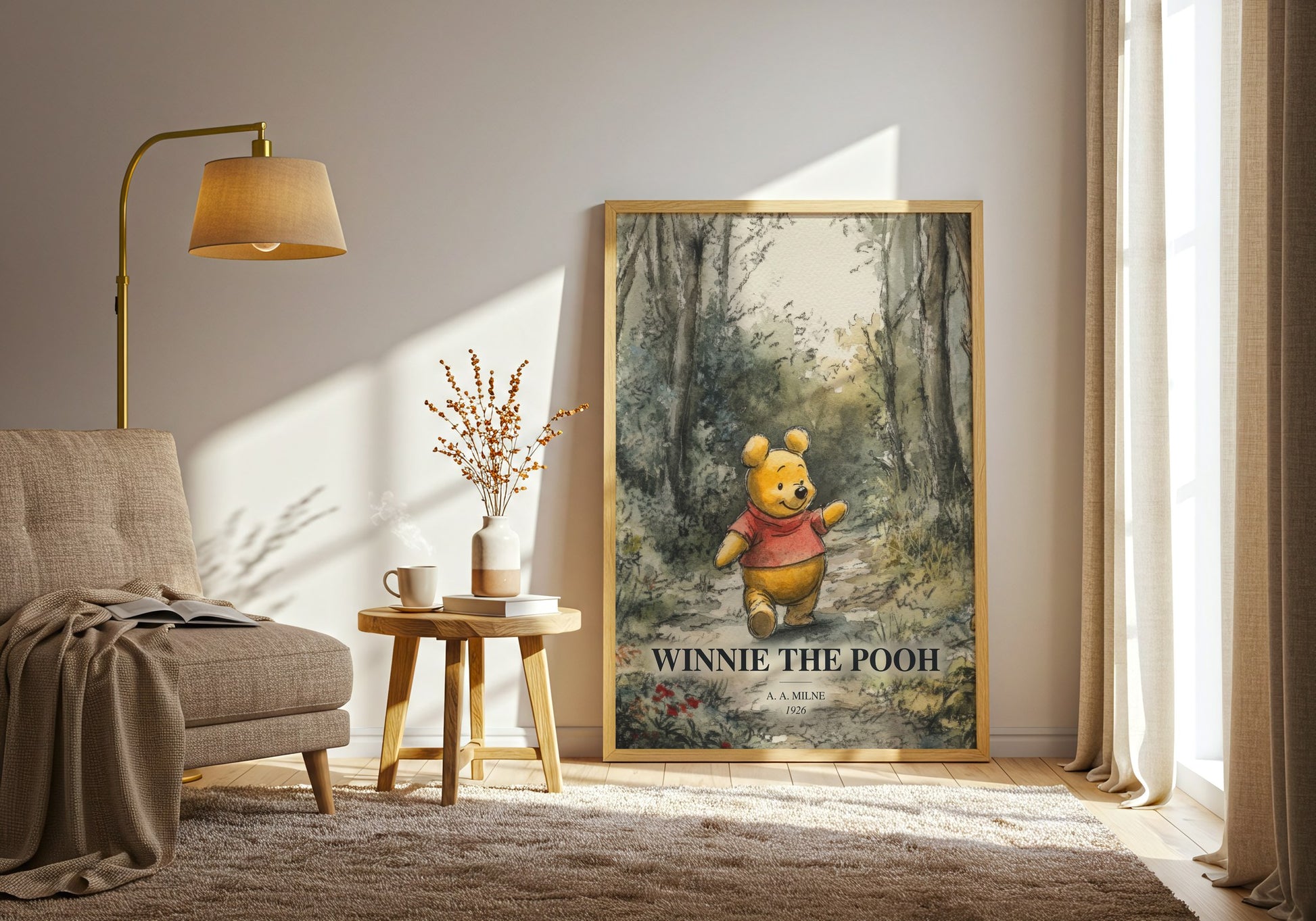 Winnie The Pooh watercolour print in frame leaning in hallway – childrens wall art