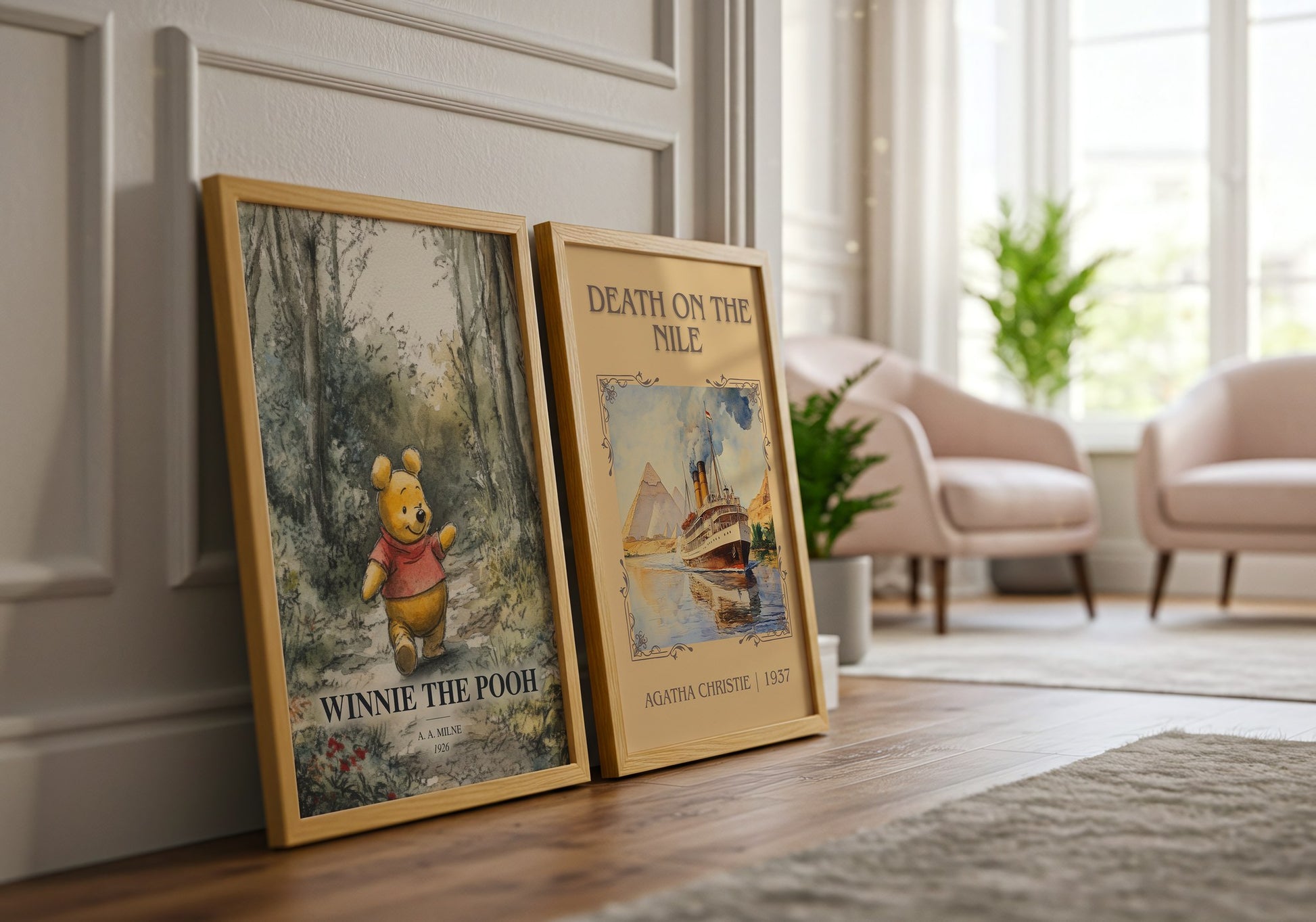 Winnie The Pooh watercolour print framed by window – literary home decor