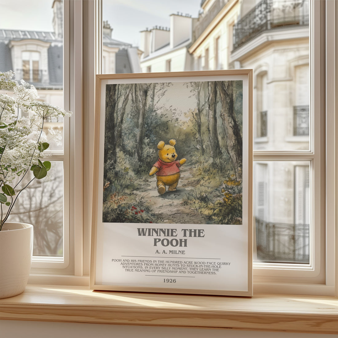 Winnie the Pooh Bookish Wall Art by A. A. Milne – framed print by a bright window