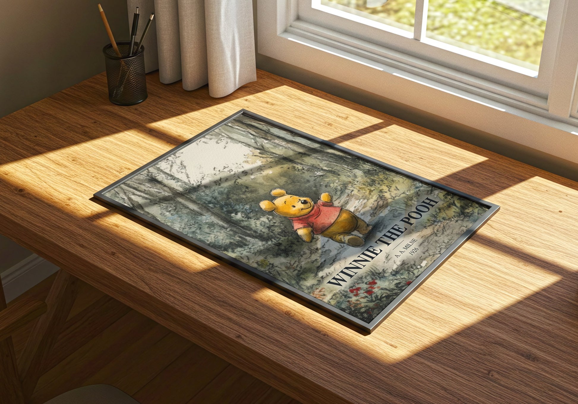 Winnie The Pooh watercolour book poster framed on wall – childrens wall art