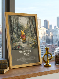 Winnie the Pooh Bookish Wall Art by A. A. Milne – framed print on a city-view windowsill