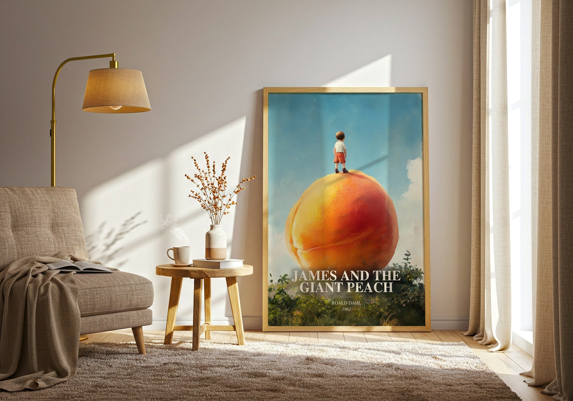 James And The Giant Peach watercolour print in frame leaning in hallway – childrens wall art