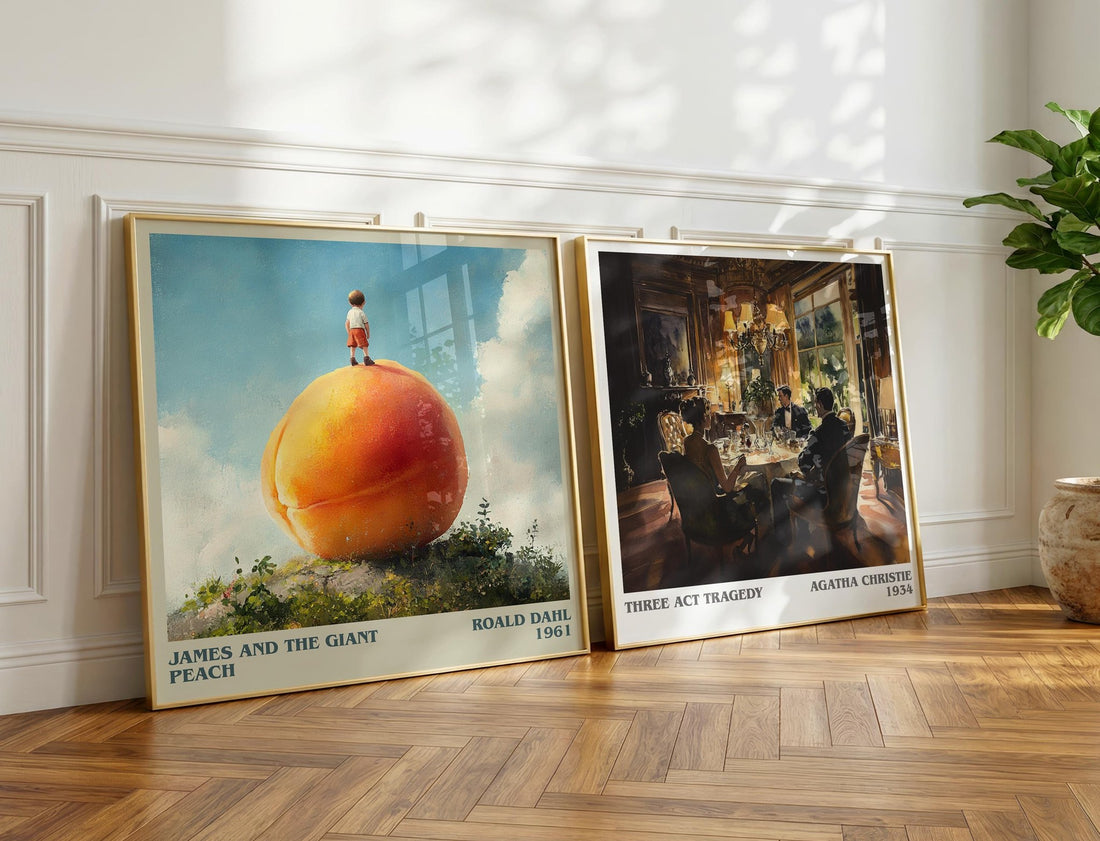 James and the Giant Peach Literary Art Print by Roald Dahl – large square framed print leaning against a wall