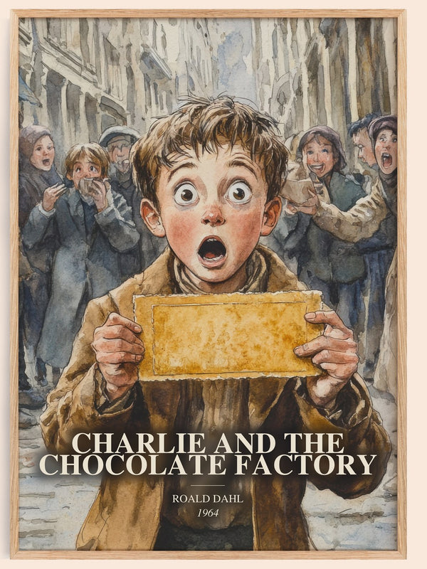 Charlie And The Chocolate Factory watercolour book poster by Roald Dahl – framed literary art print