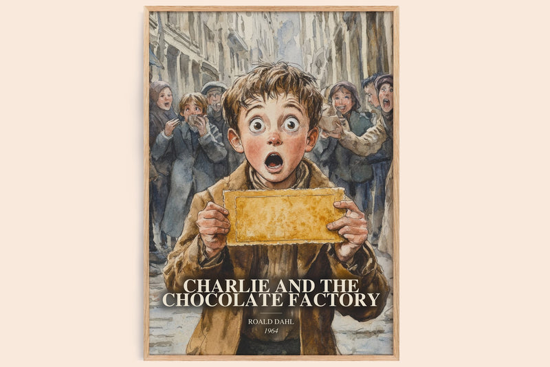 Charlie And The Chocolate Factory watercolour book poster by Roald Dahl – framed literary art print