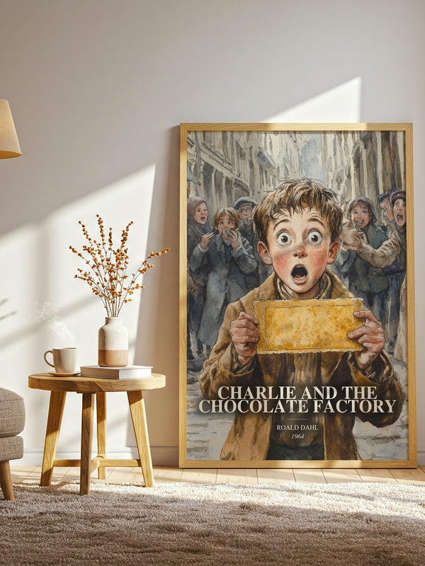 Charlie And The Chocolate Factory watercolour print in frame leaning in hallway – childrens wall art