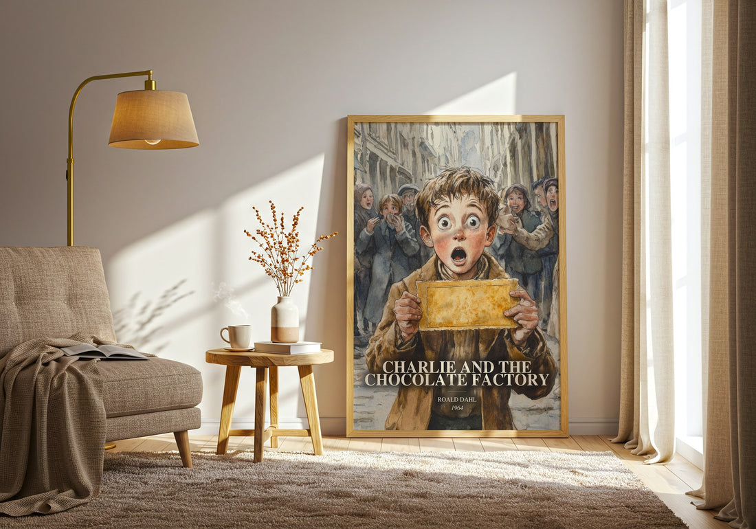 Charlie And The Chocolate Factory watercolour print in frame leaning in hallway – childrens wall art (mockup)