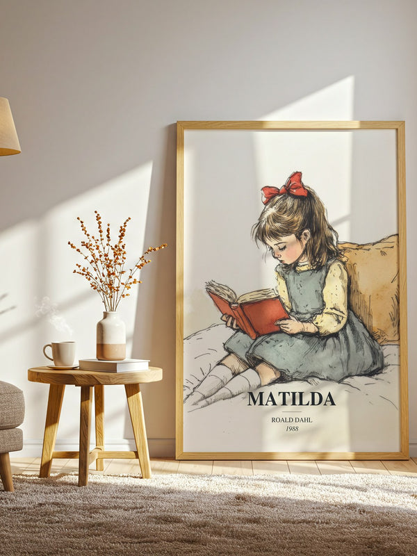 Matilda watercolour print in frame leaning in hallway – childrens wall art