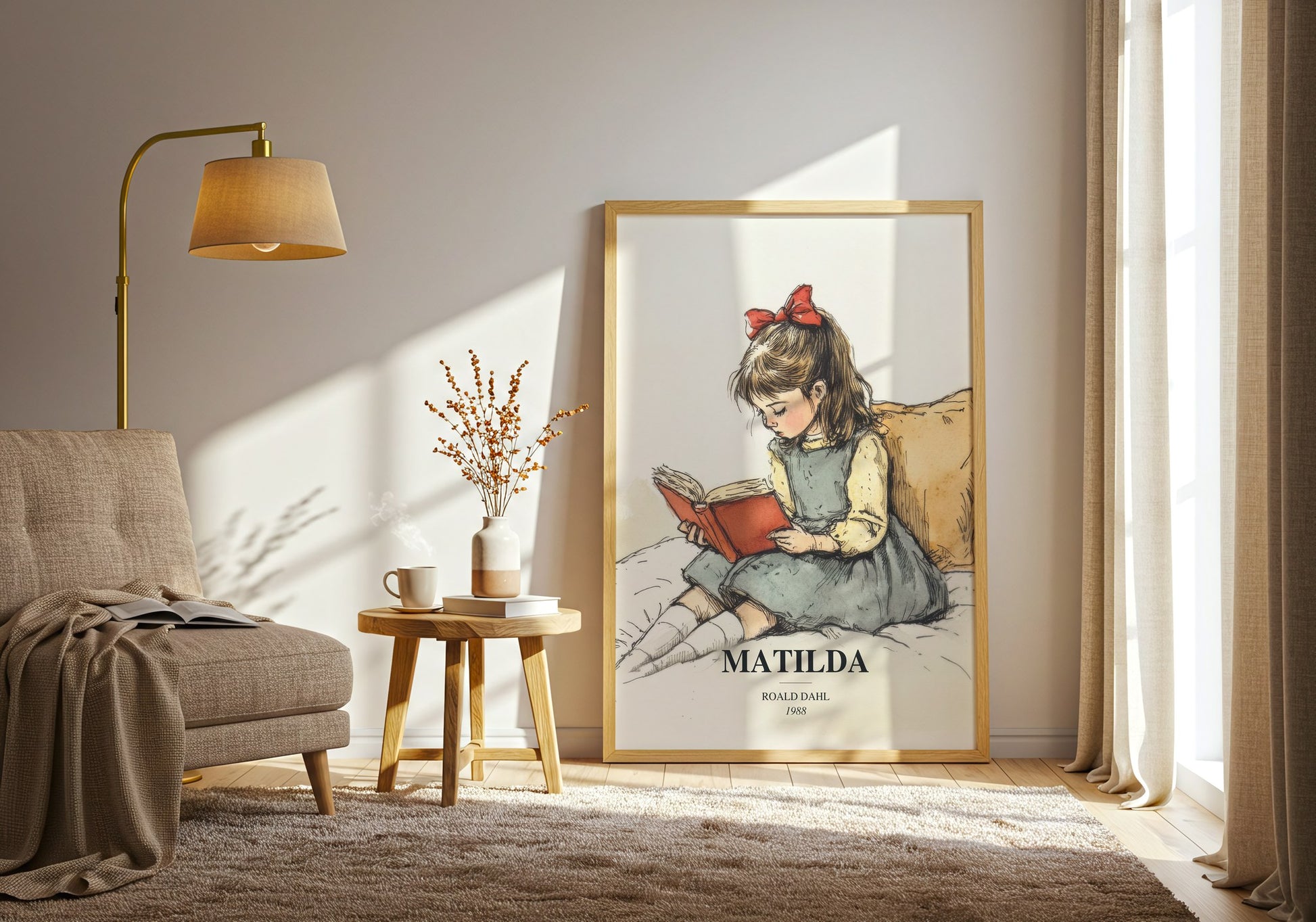Matilda watercolour print in frame leaning in hallway – childrens wall art