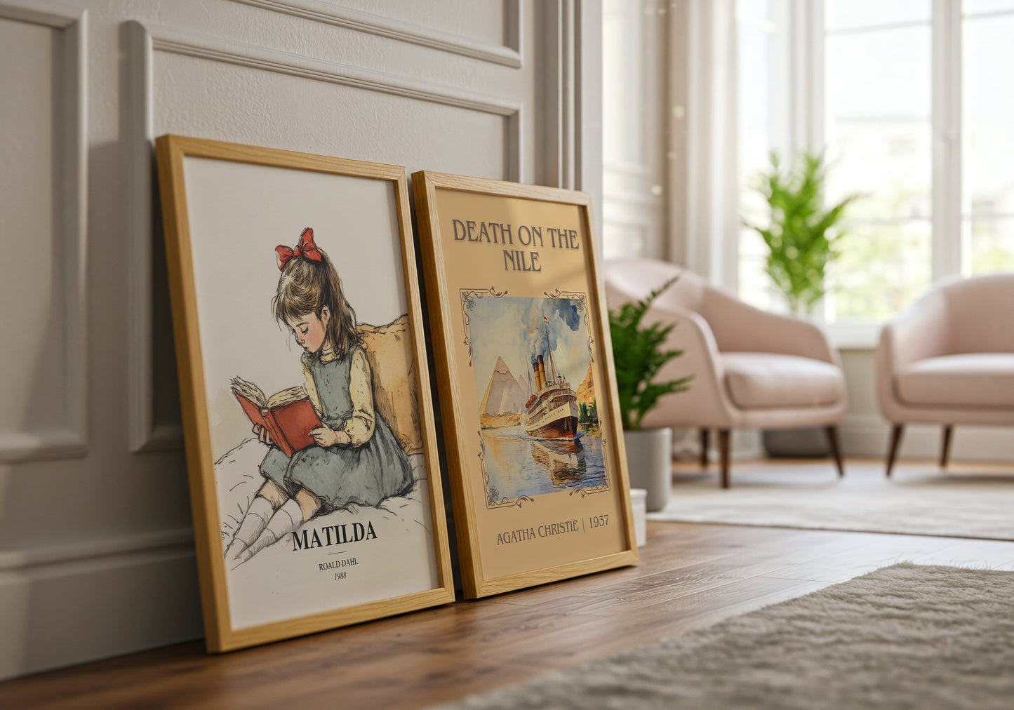 Matilda watercolour print framed by window – literary home decor