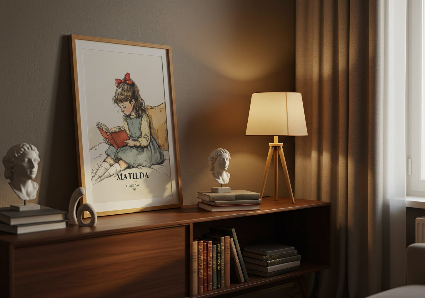Matilda watercolour print on bookshelf – Roald Dahl fan gift