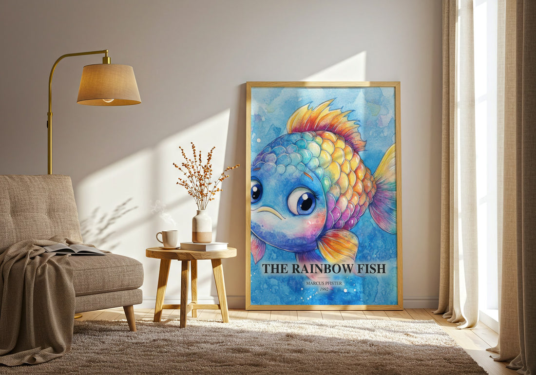 The Rainbow Fish watercolour print in frame leaning in hallway – childrens wall art (mockup)