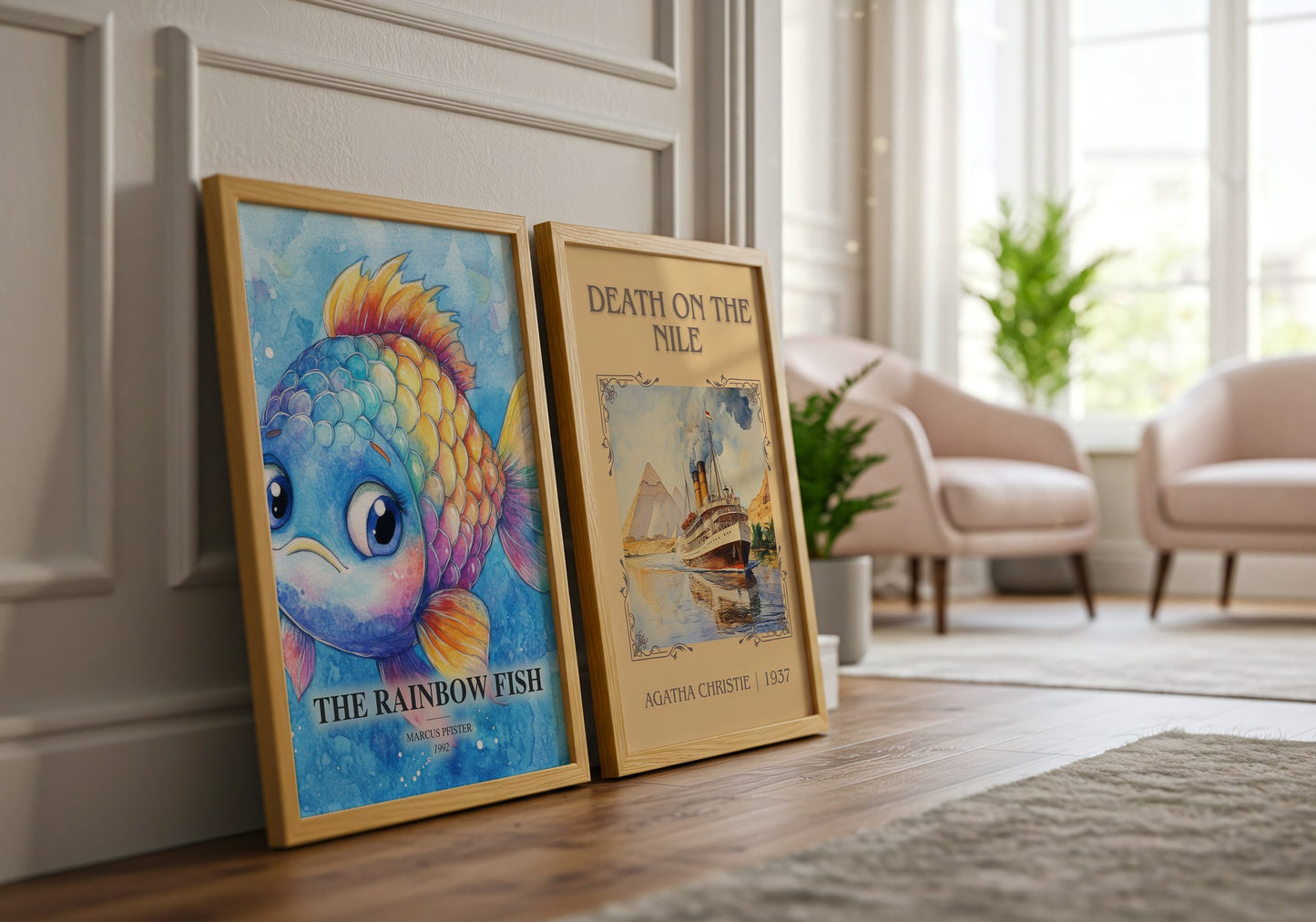 The Rainbow Fish watercolour print framed by window – literary home decor